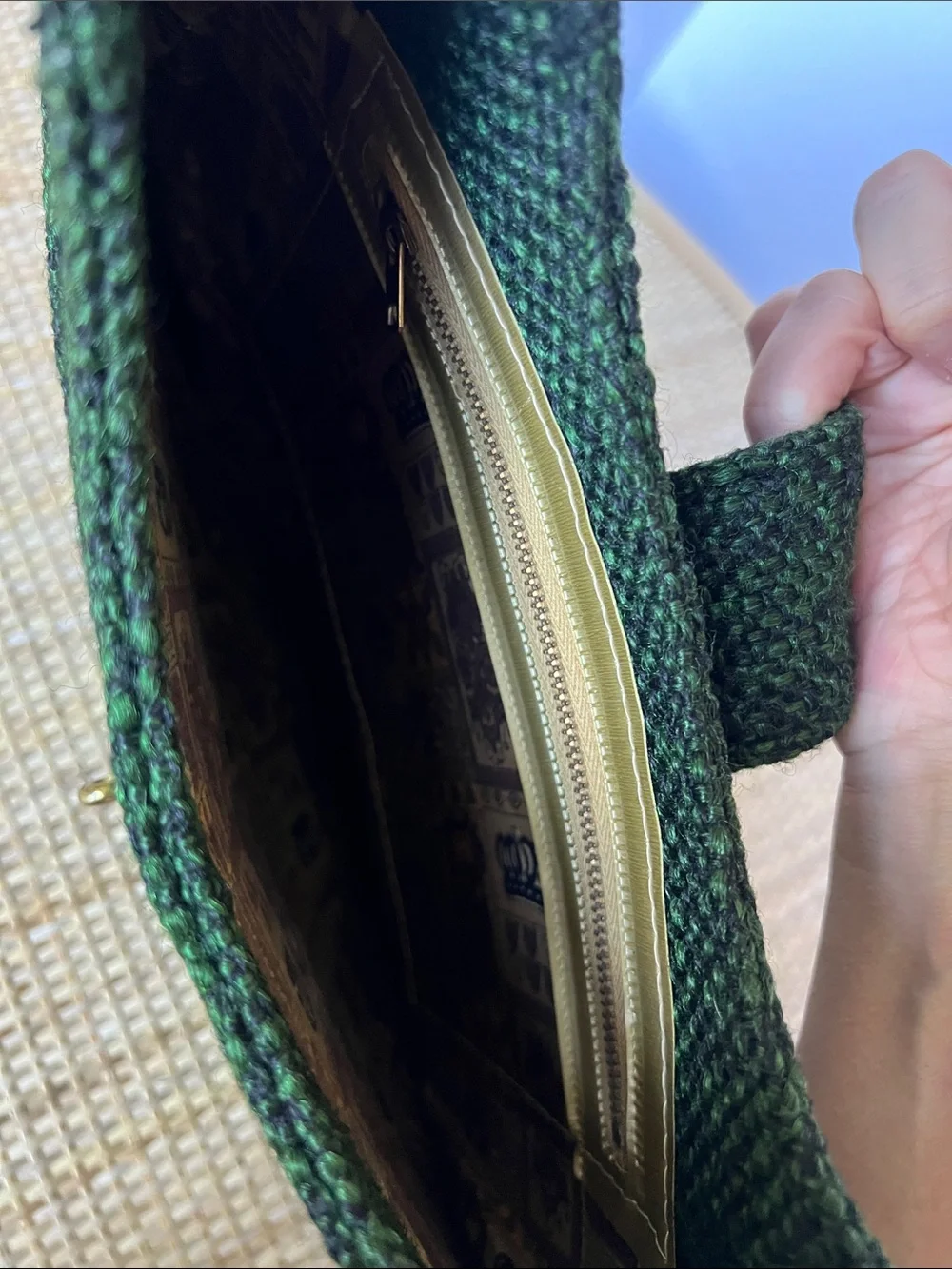 Vintage 70s Tweed Crown Lewis Handbags Hobo Bag green black Corporate goth Retro